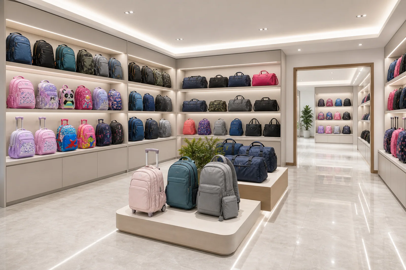Curated bag showroom display with multiple product styles