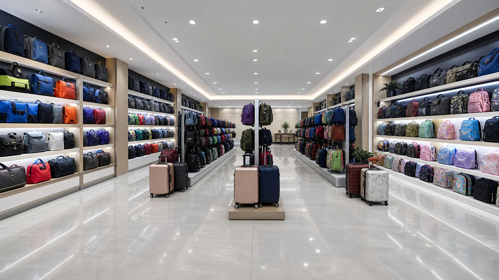 Wide 375Trading bag showroom with backpacks and travel bags